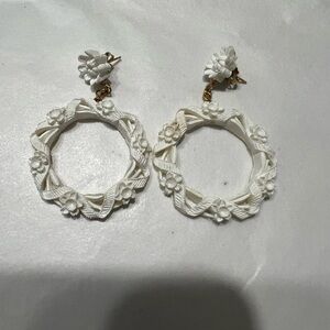 White Off White Carved Celluloid Floral Earrings 1950’s